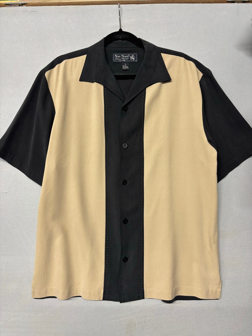 Vintage Nat Nast Black Tan Silk Camp Collar Button Up Shirt Contrast Panel